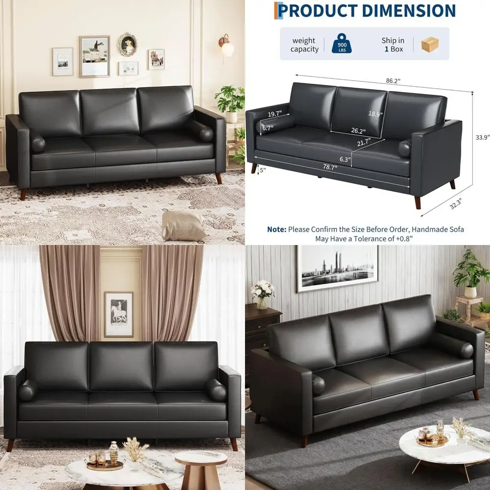 

Трехместный кожаный диван в стиле середины века с глубоким сиденьем, съемными чехлами на подушки, черная искусственная кожа