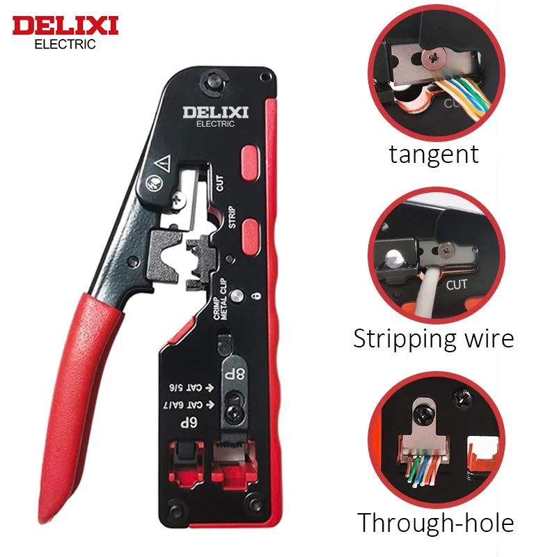 DELIXI ELECTRIC Network Plier，Universal Crimping Tool CAT5 CAT6 CAT7 RJ45 Pass Through All In One EZCrimp Tool For Rj11 R12 RJ45