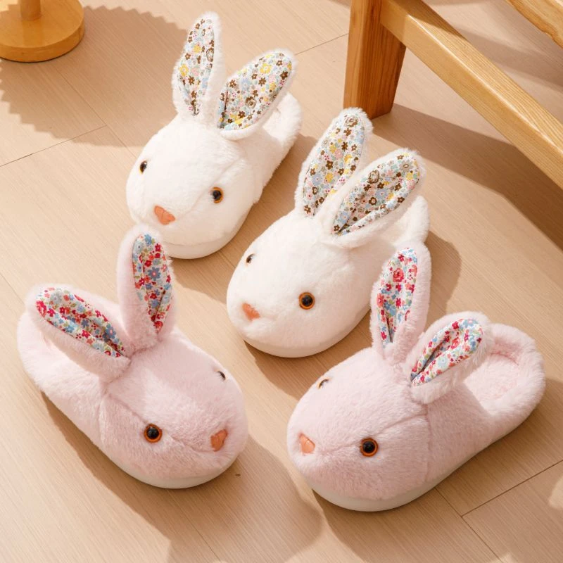 Kawaii Stand Floral Bunny Ears Slippers Woman Stereoscopic 3D Rabbit Fur Shoes Ladies Girls Flat Home Slippers Indoor Furry Shoe