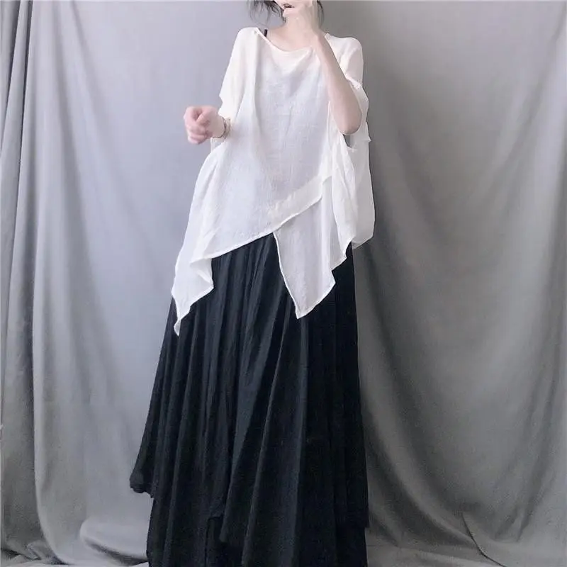 Fashion O-Neck Loose Irregular Batwing Sleeve Blouse Women\'s Clothing 2023 Summer New Casual Pullovers Asymmetrical Shirt