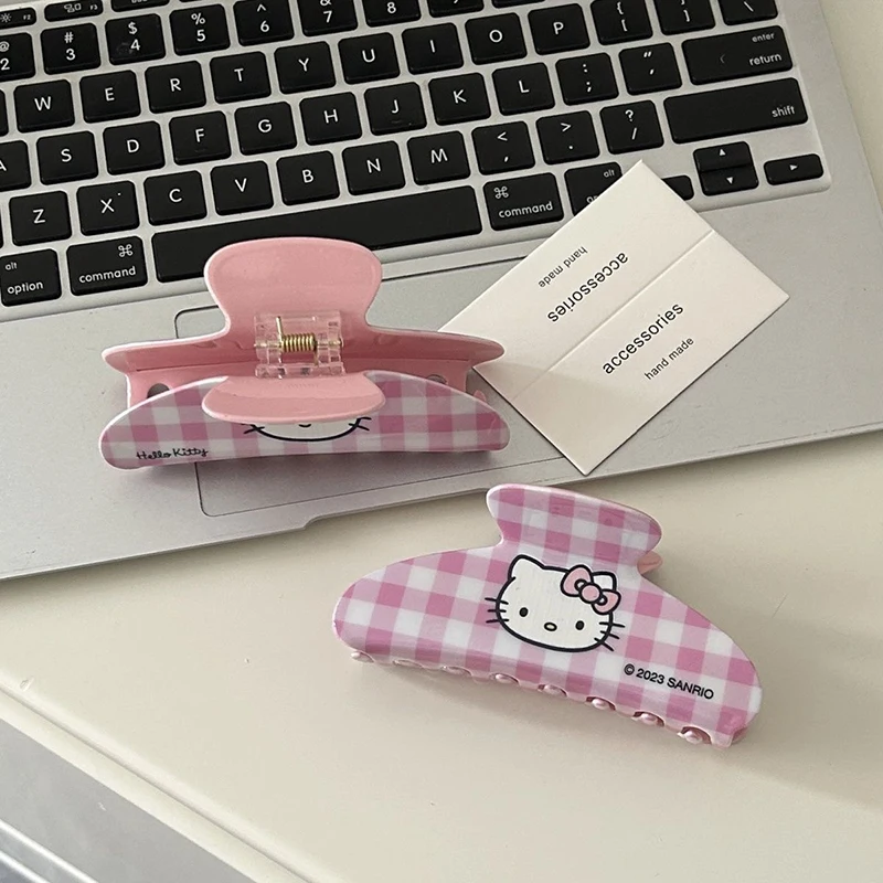 Sanrio HelloKitty 10.7cm Checkered Hair Clip Women Cute Melody Cinnamoroll Hair Claw Girl Kuromi Hairpins Kids Birthday New Gift