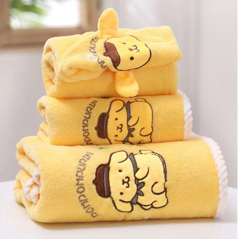 Cartoon Pompompurin Bath Towel 3 Piece Set Sanrio Kawaii Anime Cute Soft Absorbent Quick Drying Adult Children Hair Drying Cap