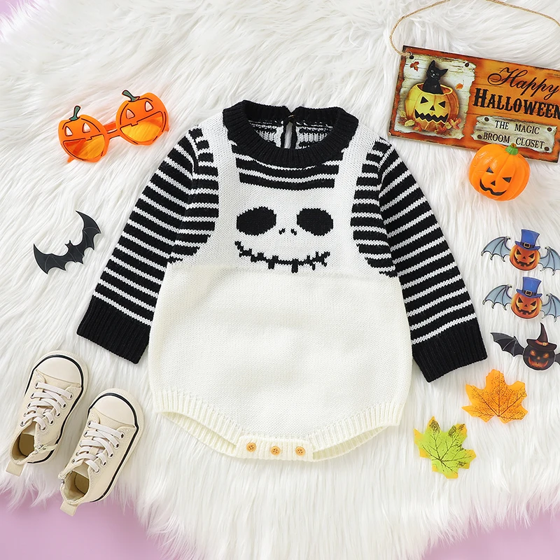 

0-18m Newborn Boys Girls Halloween Bodysuits Clothes Winter Long Sleeve Infant Unisex Black White Skeleton Knit Coveralls Onesie