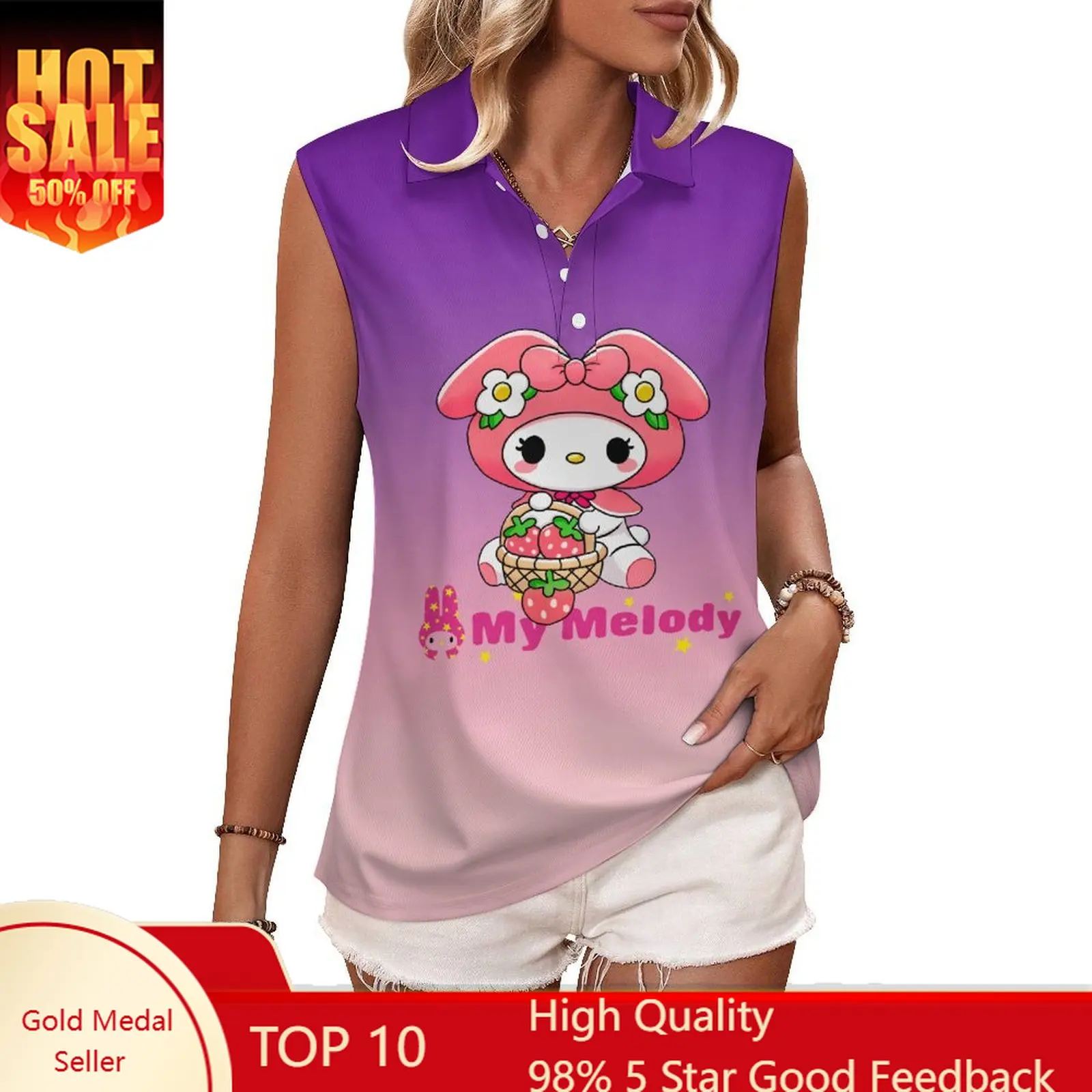 

My Melody Tank Top Woman Sanrio Cartoon Sleeveless Polo Shirt Soft Tshirt Fashion Tops Cute Summer Clothing
