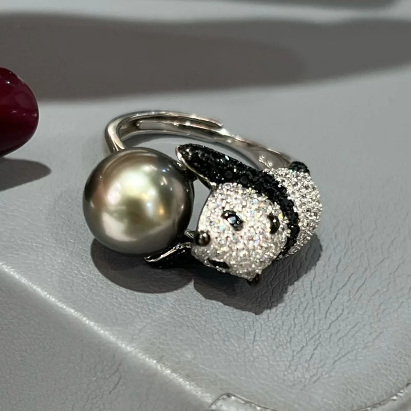 

SGARIT Natural Round Black Tahiti Pearls 10-11mm 925 Sterling Silver Pearl Panda Ring Fashion Jewelry Adjustable Opening Size