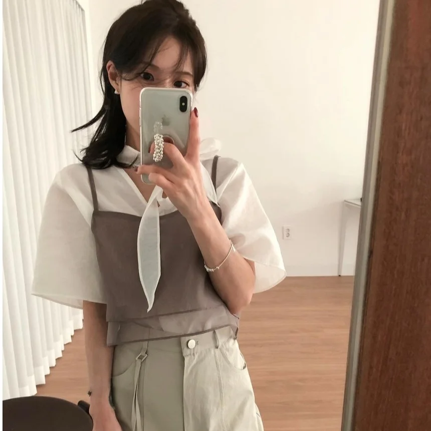 

Korean Sle Double Layered Me Crop Top Women's Faion Ba Button Versatile Strap Vest Transparent Design Overlap Wear