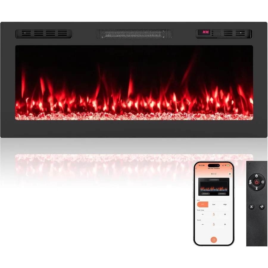 

Электрический камин Smart WiFi, 42-дюймовый широкий настенный встраиваемый обогреватель с Alexa Google Assistant, 750 Вт/1500 Вт, пульт дистанционного управления отоплением/A