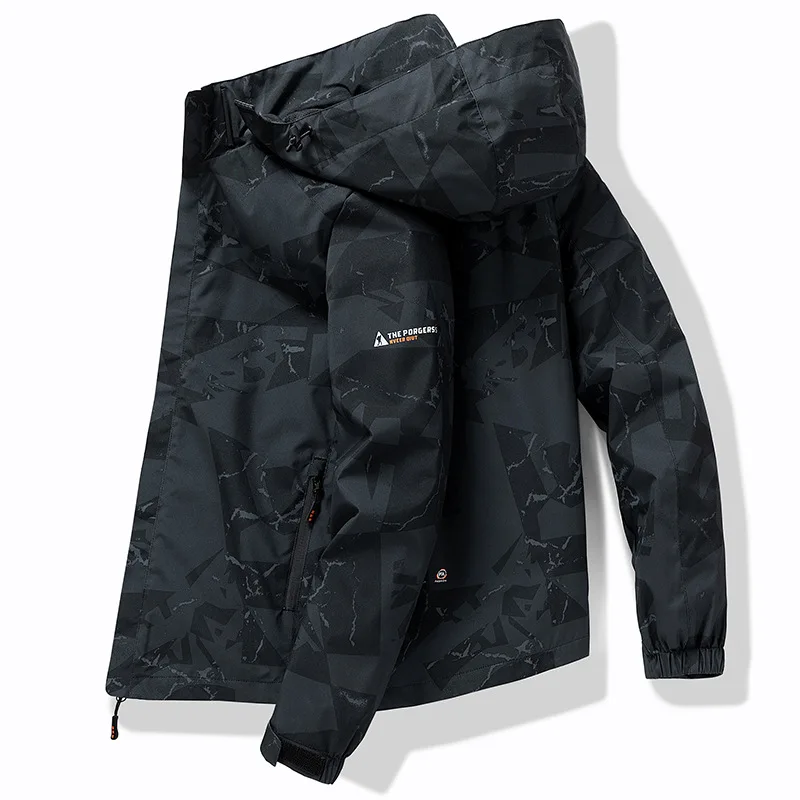 Men Hooded Jacket Hooded Full Sleeve Stand Neck Windbreaker Zipper Hiking Camouflage Print Cargo Pockets Casual Work Outerwear