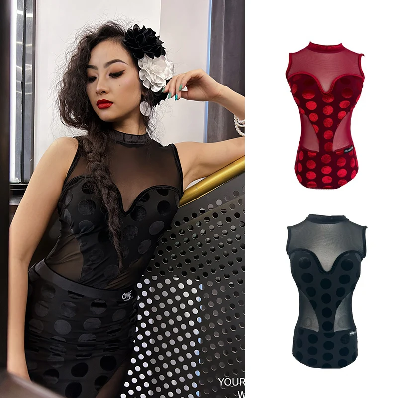 

Summer Latin Dance Tops Sleeveless Velvet Bodysuit Tango Ballroom Dance Clothes Practice Wear ChaCha Competition Costume YS4932