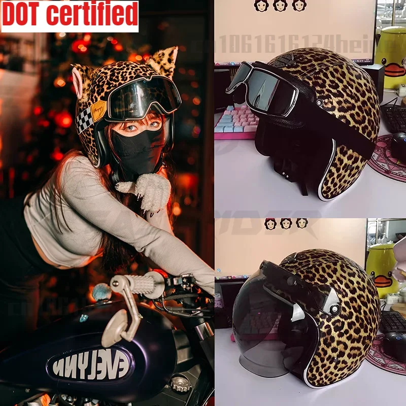 

Leopard Print Retro Helmet Women's Motorcycle Half Helmet Personality Cool Cat Ears Helmet DOT certification casco moto