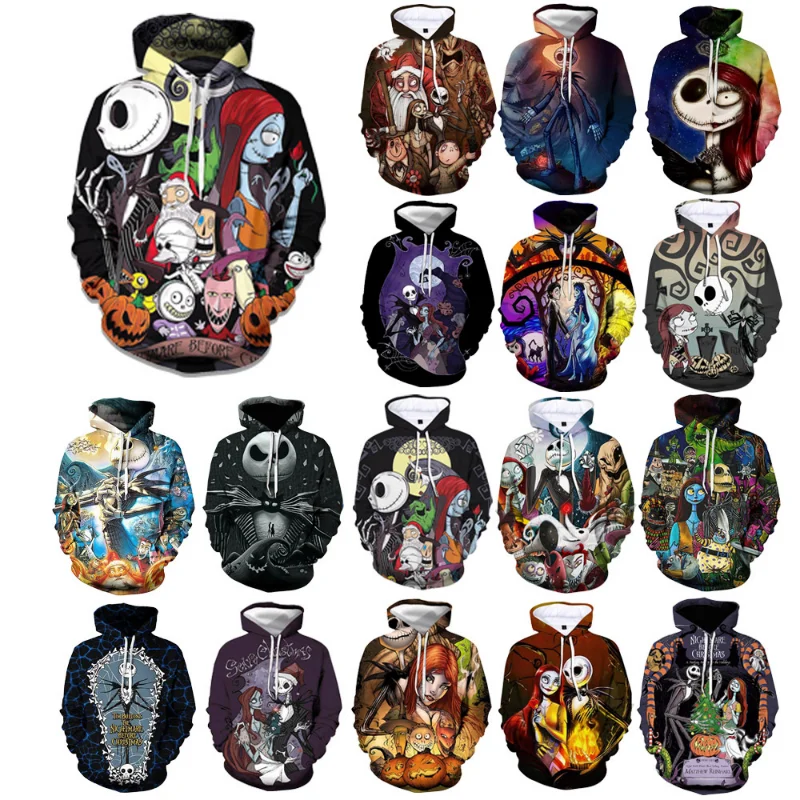 Nightmare Before Christmas Hoodies Jack Sally Skull Streetwear Harajuku Pullover Hip Hop Tracksuit Oversized Hoodied Sweatshirts