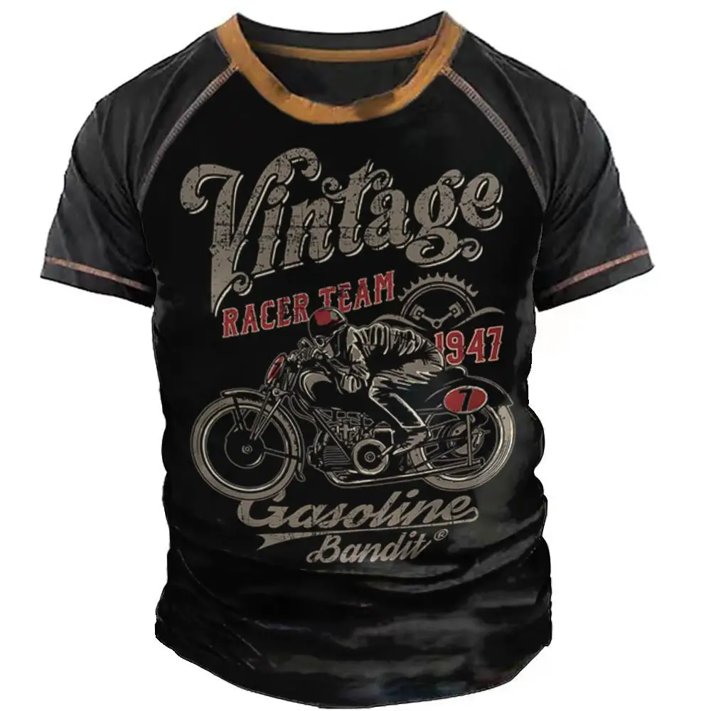 Camisetas deportivas de motocicleta para hombre, camisa Vintage de manga corta con estampado 3D, cuello redondo, Top suelto de verano