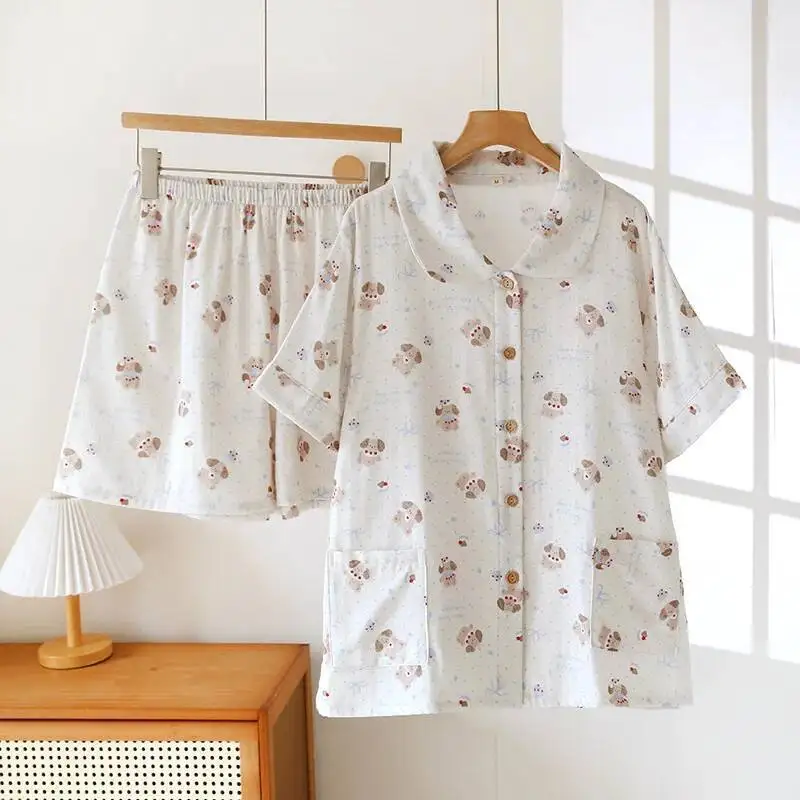 

Cotton Double-Layer Yarn Lapel Short Sleeved Shorts Women's Homewear Pamas For Women Summer Loose Sleepwear Clothes