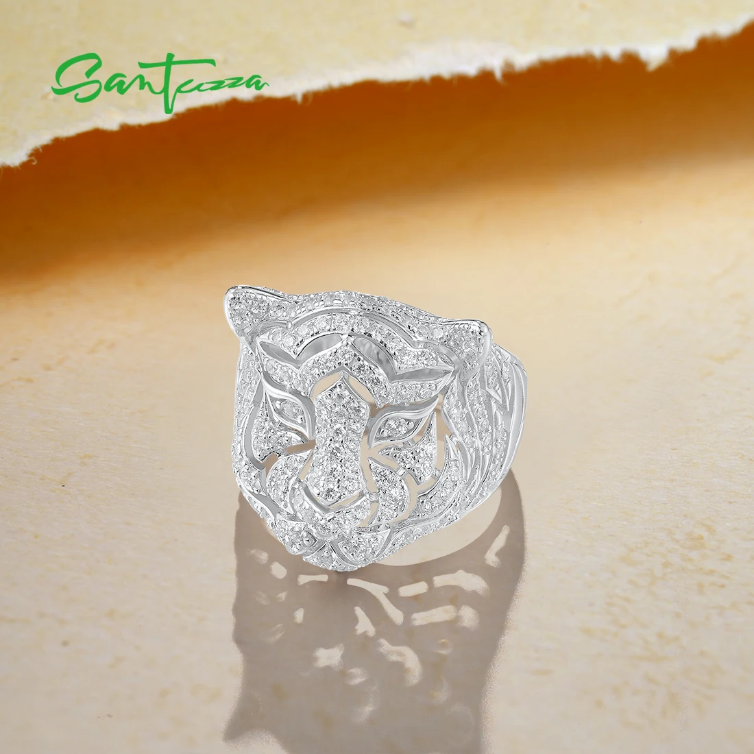 SANTUZZA véritable 925 bague neutre en argent Sterling pour femmes/hommes étincelant blanc zircon cubique mignon tigre Animal bijoux fins