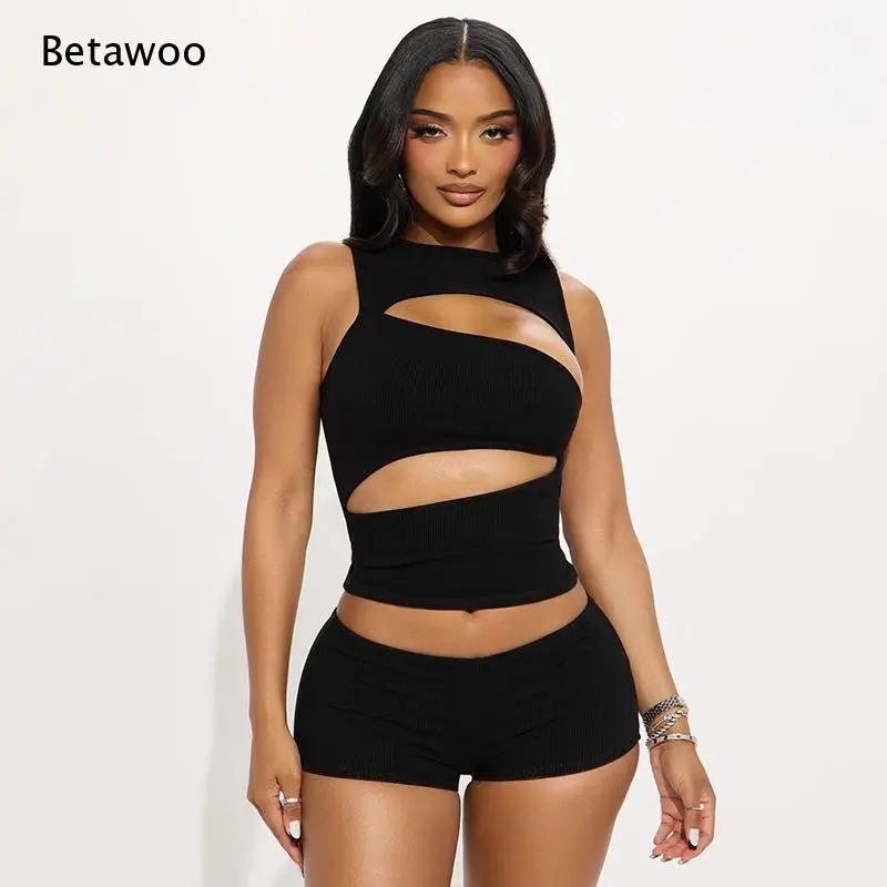 Women Sleeveless Multi Cut Out Crop Top Shorts Two Piece Slim Night Club Chic Fashion Outfit Wear