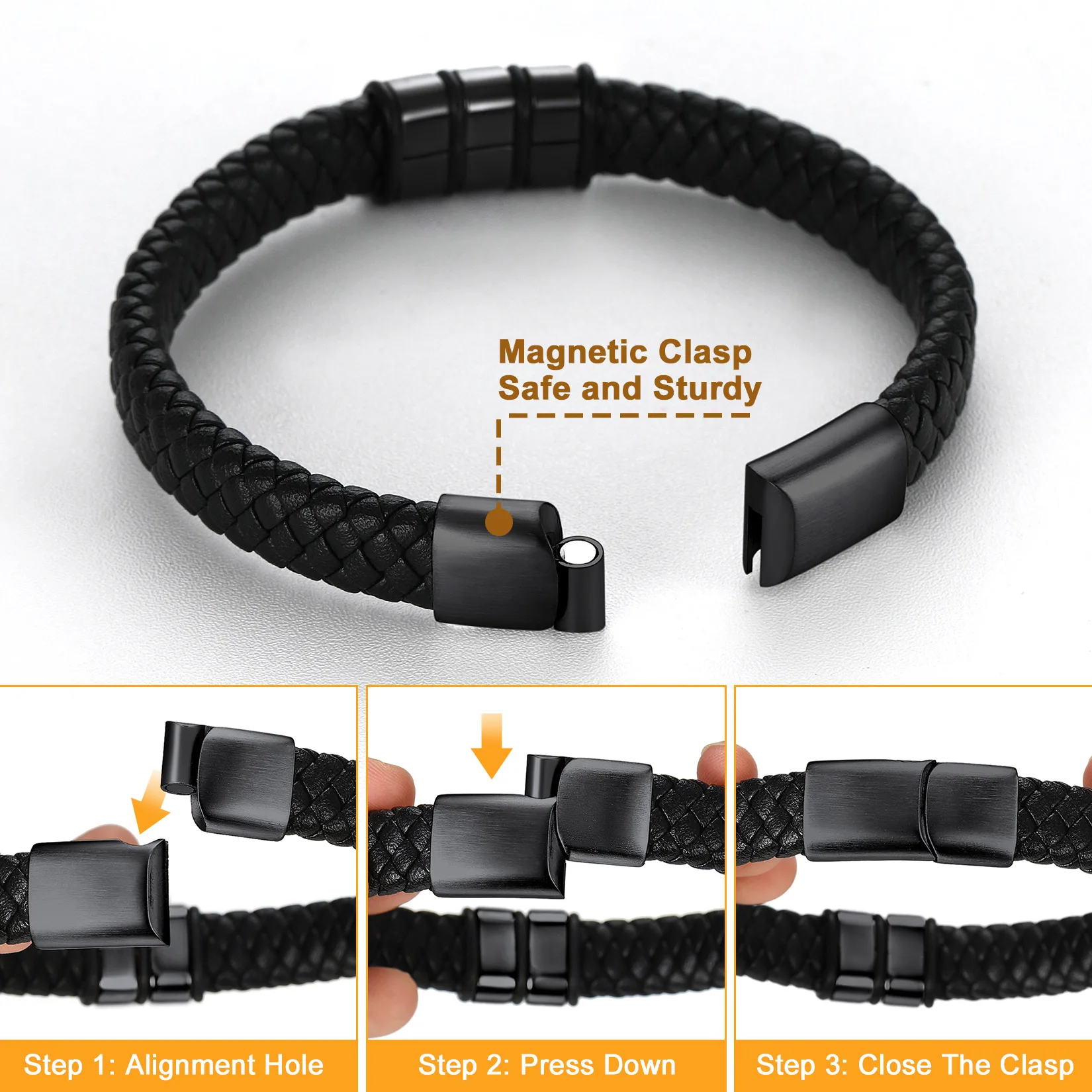 U7 Wide Black Braiding Leather Bracelet for Man Custom Laser Engrave Name Word Stainless Steel Bead 19cm Wristband Bracelet