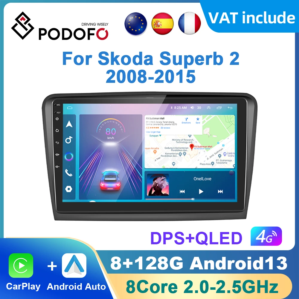 Podofo Android Carplay Car Radio For Skoda Superb 2 2008 - 2015 Android Auto WIFI Car Multimedia Navigation GPS autoradio DSP