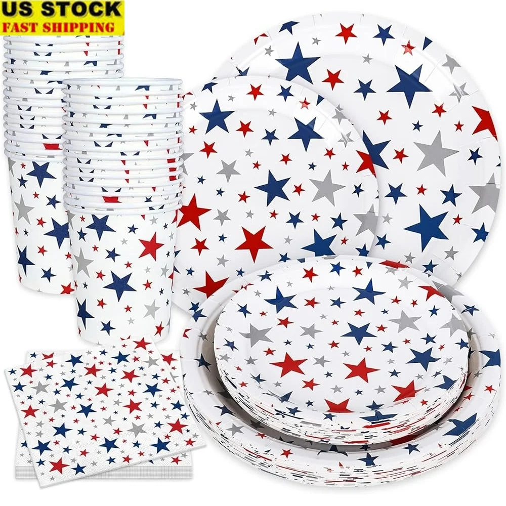 

96Pcs Patriotic Tableware Set Disposable Dinnerware Party Supplies Plates Cups Napkins Independence Day Memorial Veterans Day