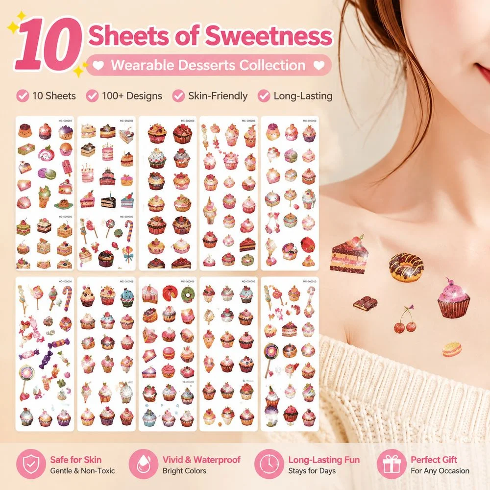 10Pcs Dessert Theme Glitter Body Stickers Waterproof Cake Cupcake Ice‑Cream Design Temporary Tattoos For Girls Holiday Gifts