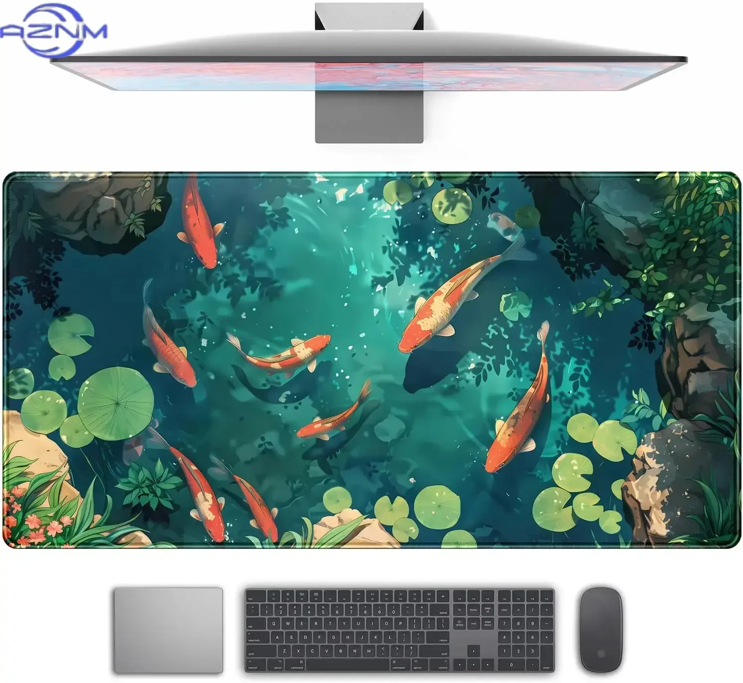 Anime Koi Lotus Gaming Mouse Pad,Oriental Red Carp Leaf Print Smooth Edge Non Slip Mat for Gamers Office Home Wireless Mouse Use