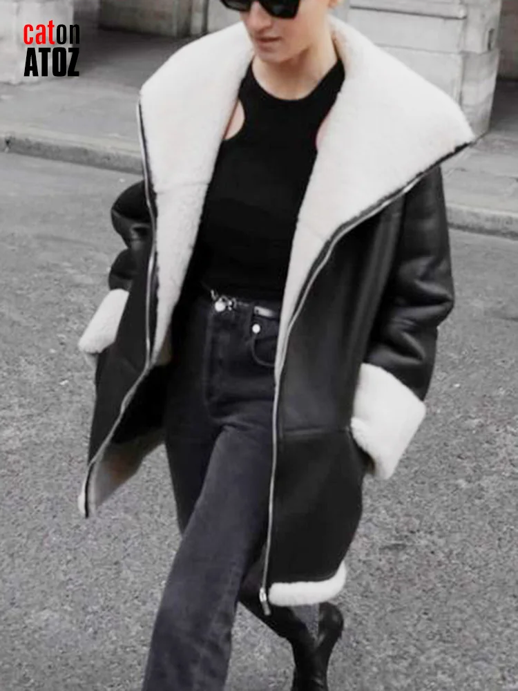 Women Pu Leather Jacket New In 2024 Fashion Winter Faux Fur Lining Coat Female Thicken Warm Black Oversize Jackets Outwear 3010