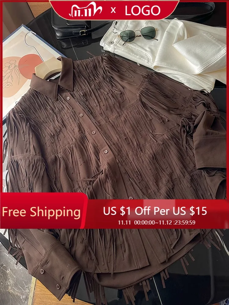 

Женская рубашка в европейско-американском стиле с бахромой, весна-осень, свободный крой, модный дизайн