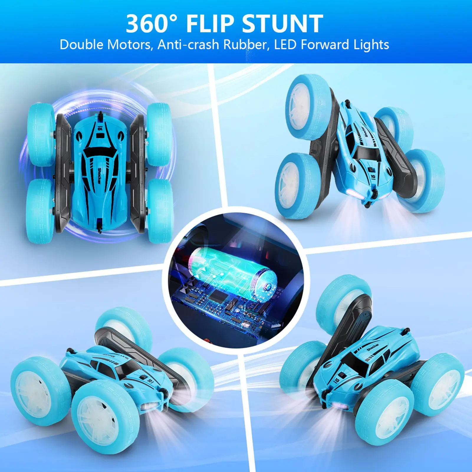 2.4G Double Sided RC Stunt Car 360°  Rotating Remote Control Car with LED Lights 2 Rechargeable Batteries for Outdoor Blue