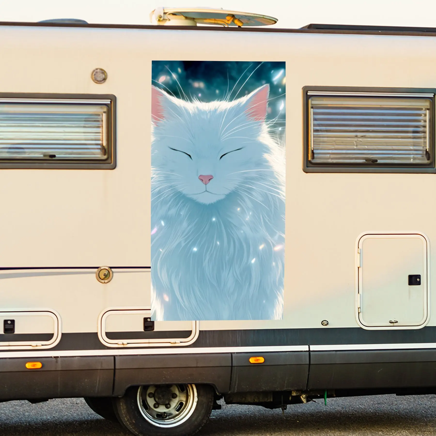 

White Fluffy Cat Ornament Vinyl Decal for motorhome car door, Waterproof Self-Adhesive Vinyl Stickers, Decoration Protection Aut
