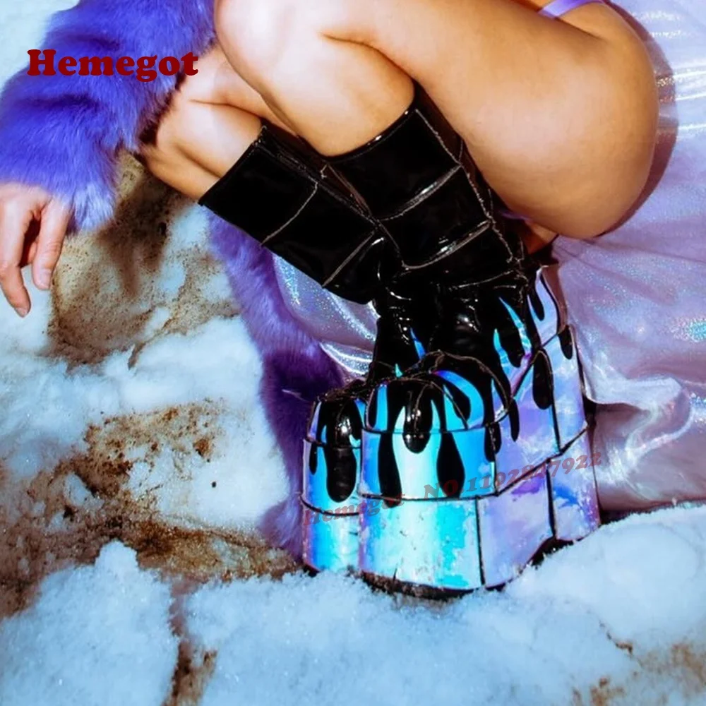 

Lolita Splicing Platform Knee High Boots Round Toe Wedges Thick Soled Women's Long Boots Thick Soled Gothic Zip Shoes Motorcycle