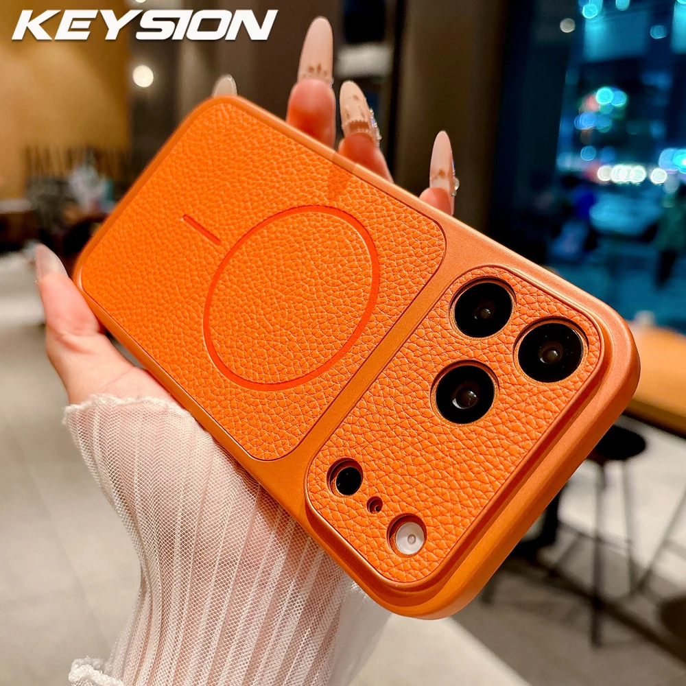 

KEYSION Luxury PU Leather Case for MagSafe for iPhone 13 14 15 16 17 Pro Max 17 Air TPU+PC Magnetic Shockproof Phone Back Cover