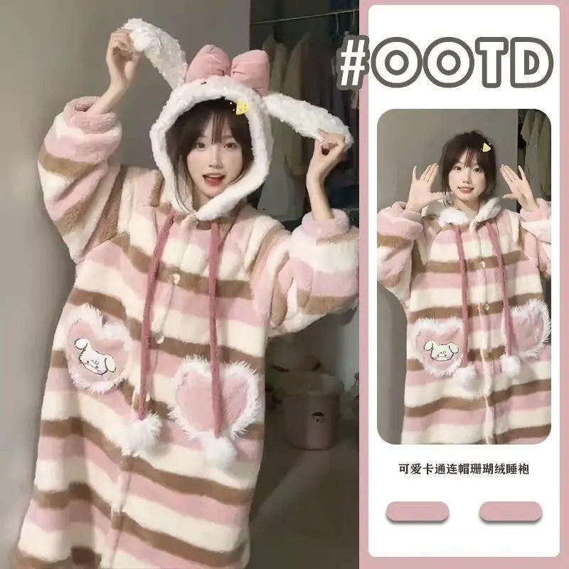 

Sweet Colorful Striped Cat Cos Cartoon Pajamas for Women Winter New Style Coral Fleece Thick Warm Hooded Nightgown Home Wear