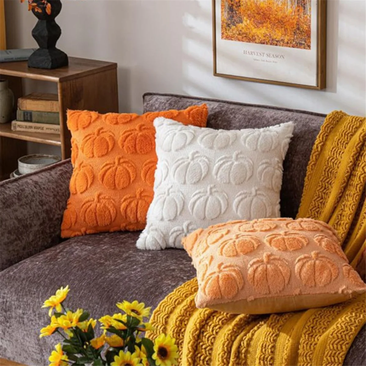 YHYS Autumn Light Luxury High-Grade Pumpkin Pillow Pillowcase Pumpkin Cushion Cover Living Room Sofa Decoration,Dark Orange