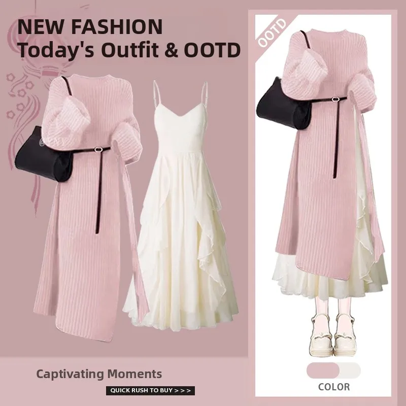 Nieuwjaar Rode Lange Trui Jas Dames Faion Set Taille-Knijpen Dr Tweedelig Pak Winter Herfst Seizoensgebonden kleding