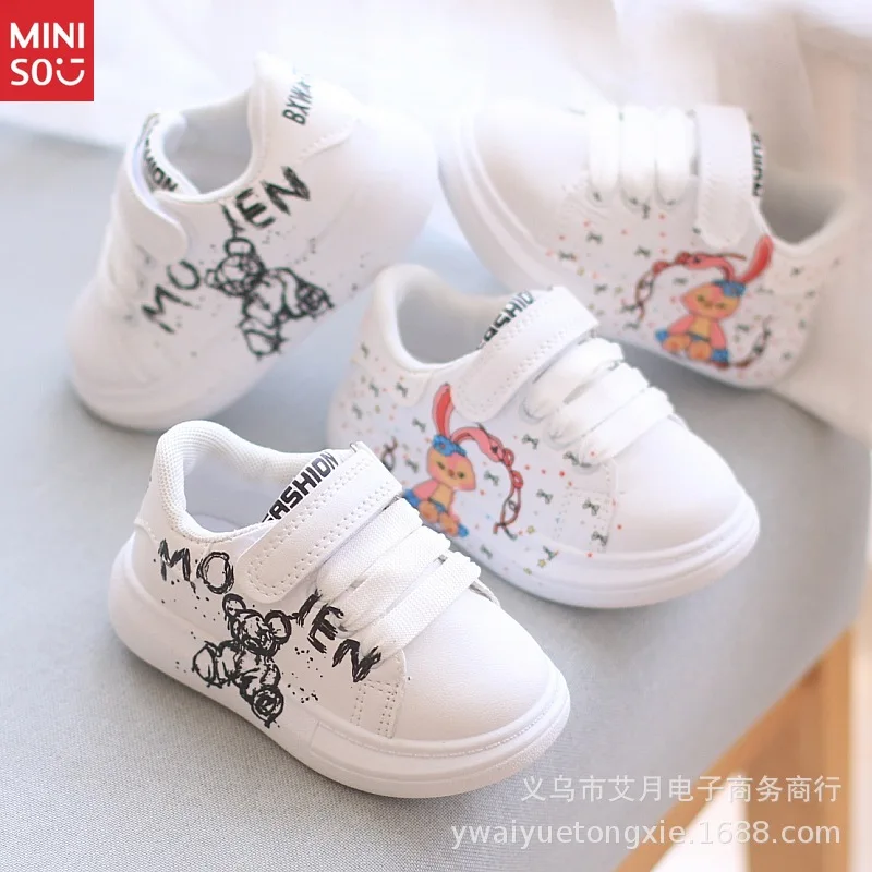 

Детские белые кроссовки Miniso, новый стиль, легкая повседневная обувь с героями мультфильмов
