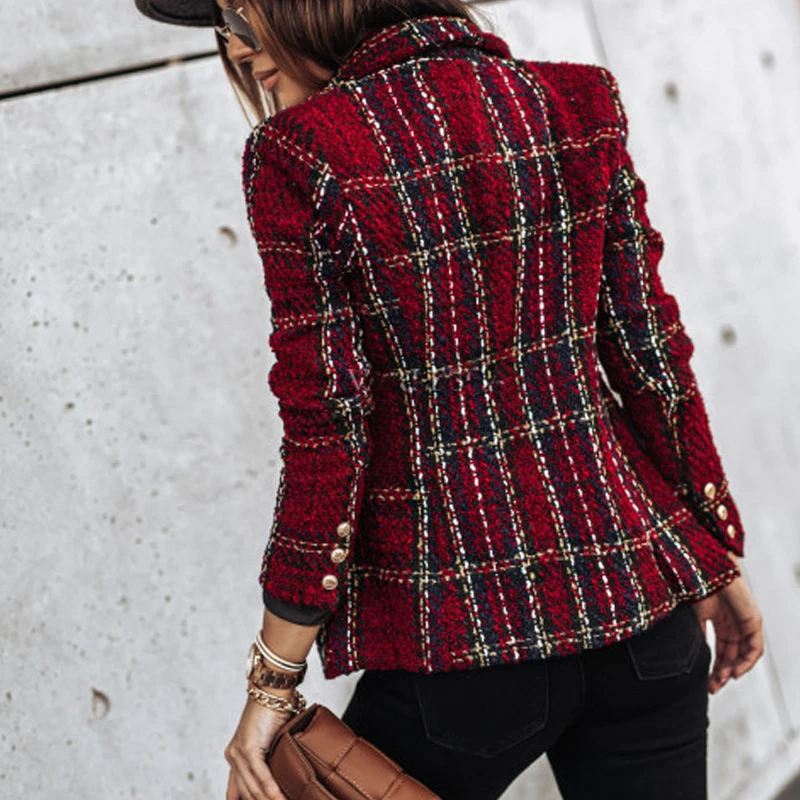 S-3XL 4Colors Double-Breasted Plaid Shape Slim Blazer Coat Long-Sleeve Women Office Spring Autumn Suit Polyester Fiber Jacket