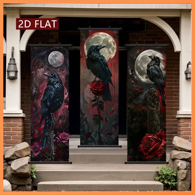 VIKAMA Raven Crimson Rose Wall Tapestry Full Moon Gothic Dark Fantasy Scroll Art Home Decor Charming Soft Durable Cozy Aesthetic