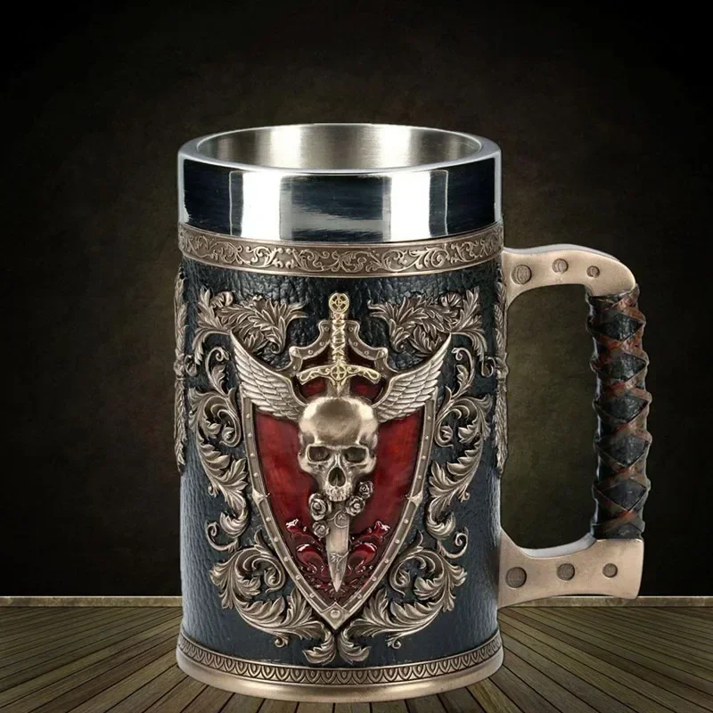 

600ml Beer Mugs 3D Stein Tankard Double Headed Eagle Winged Sword And Shield Skull Crest Stainless Steel Resin Coffee Cup Mug