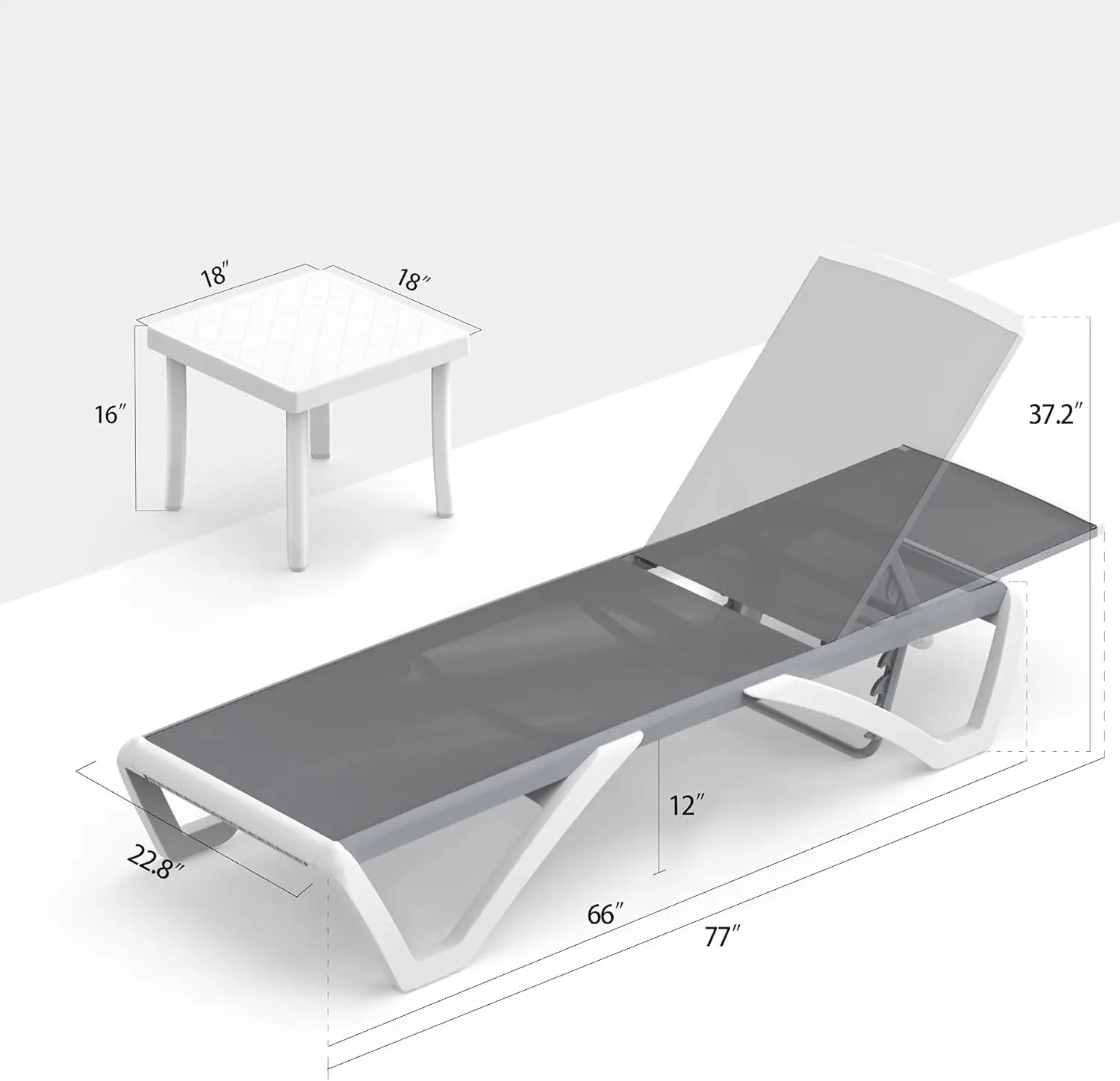 Patio Chaise Lounge Chair Set of 3,Outdoor Aluminum Polypropylene Sunbathing Chair with Adjustable Backrest,Arm,Side Table