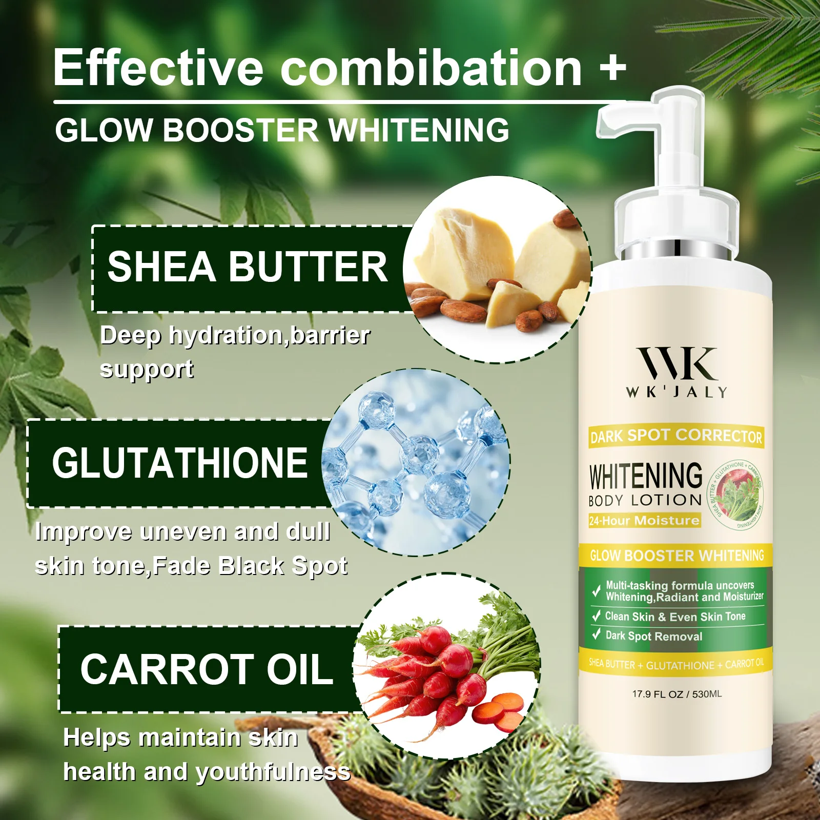 WK JALY Whitening Lotion, Reduce Dark Spot, Stains, With Glutathione, Shea Butter, Carrot Oil, Moisturizing, Smooth Skin, 530ml