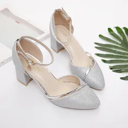 Women Sexy Golden Wedding High Quality Buckle Strap Square Heel Shoes Lady Fashion Night Club Silver Office & Party Pumps A109