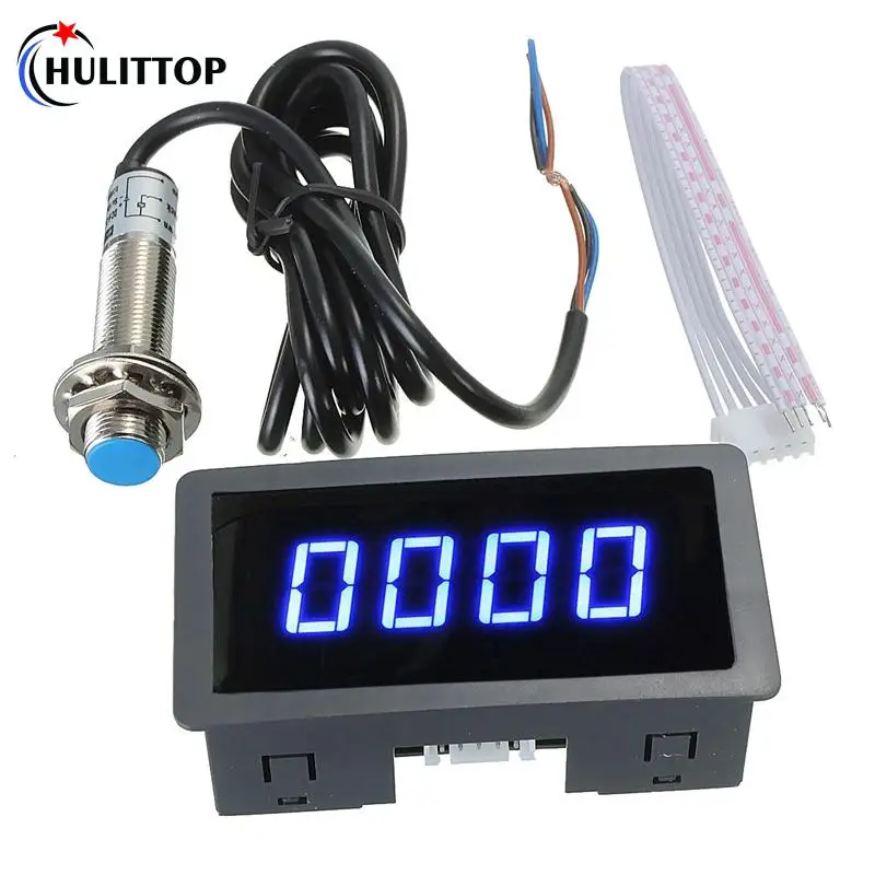 4 Digital Tachometer Blue LED RPM Gauge Speed Meter with Hall Magnet Sensor NPN Switch M12 for Lathe Conveyor Belt