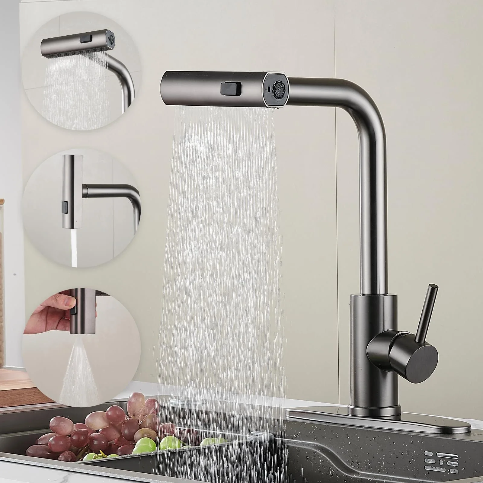 STARON Kitchen Faucets Pull Out Rotation Waterfall Stream Sprayer Head Sink Mixer Brushed Nickel Water Tap