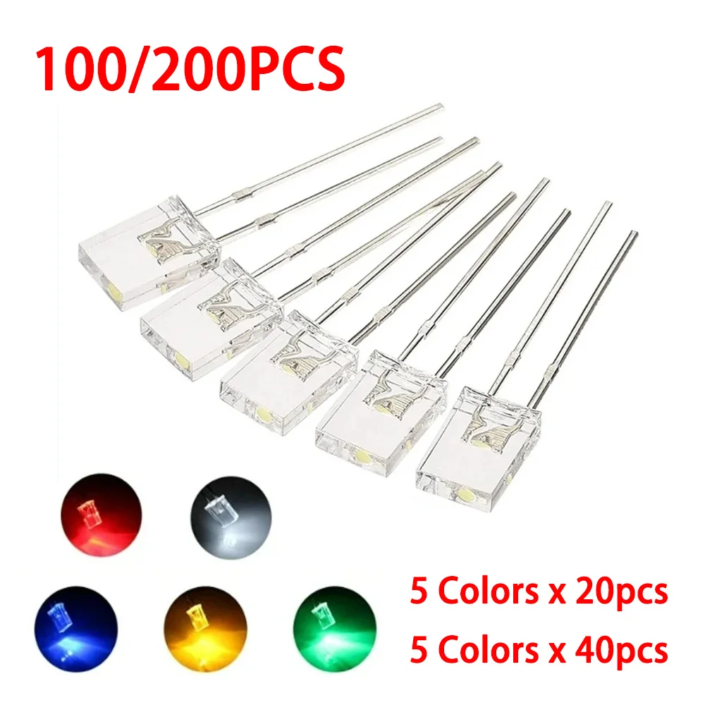 100/200 Stück 2x5x7mm LED Quadratische Transparente LED-Dioden 5 Farben (Weiß/Rot/Gelb/Grün/Blau) Anzeigeleuchten für Arduino DIY PCB