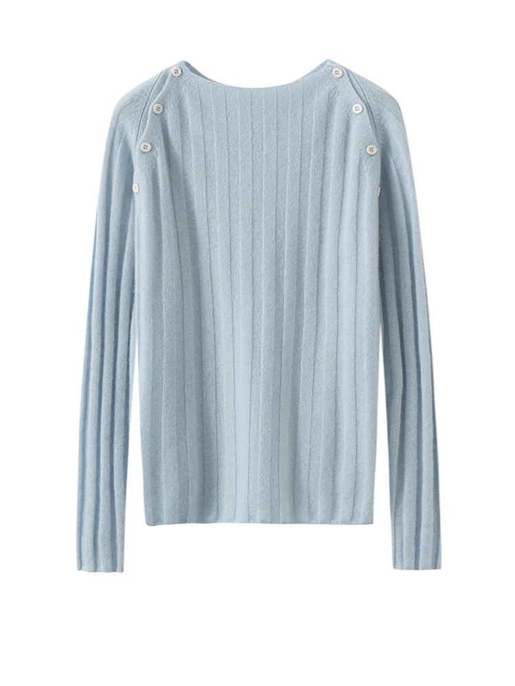 MEETCC Damen-Pullover aus 100 % Kaschmir, gestrickt, Herbst und Winter, langärmelig, mit Knöpfen verziert, weich, warm, modisches Pullover-Oberteil