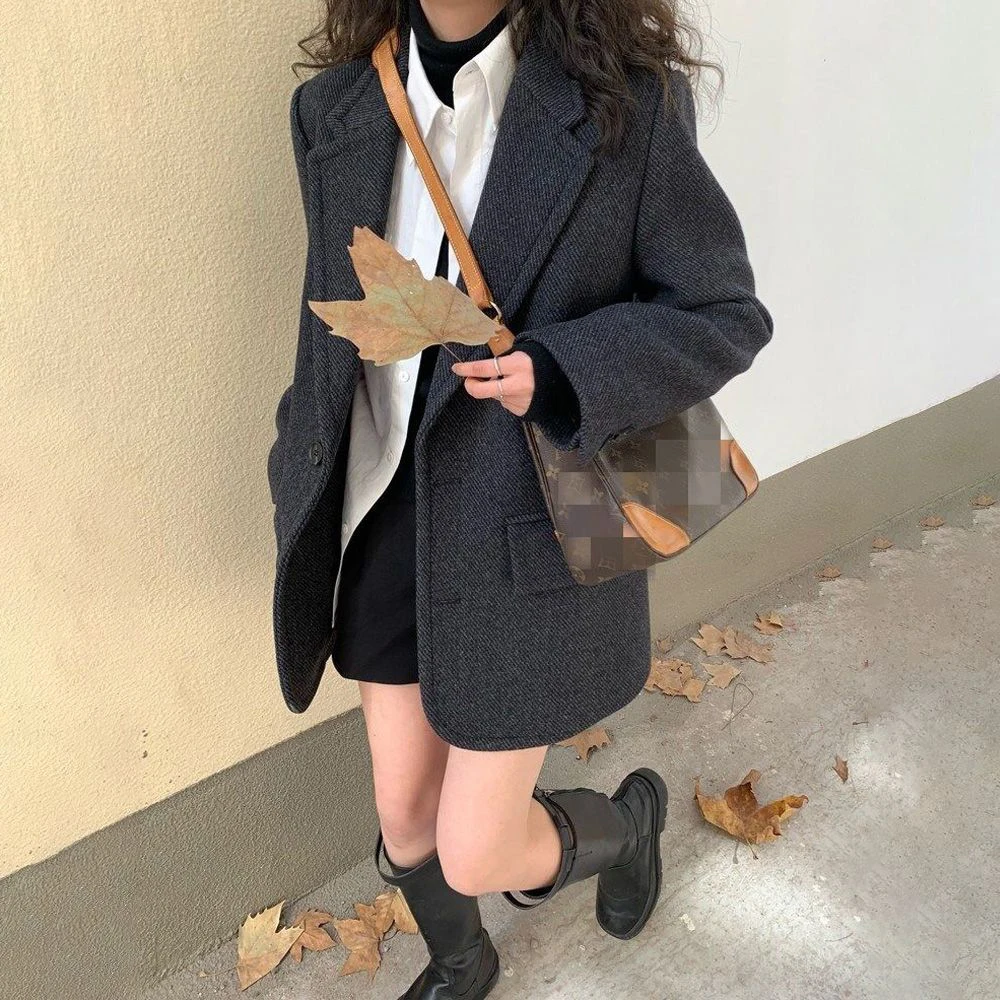 

Женское шерстяное пальто в стиле ретро с узором «елочка», свободного кроя, утепленное, корейский стиль, для повседневной носки, теплое, с длинными рукавами, однотонное