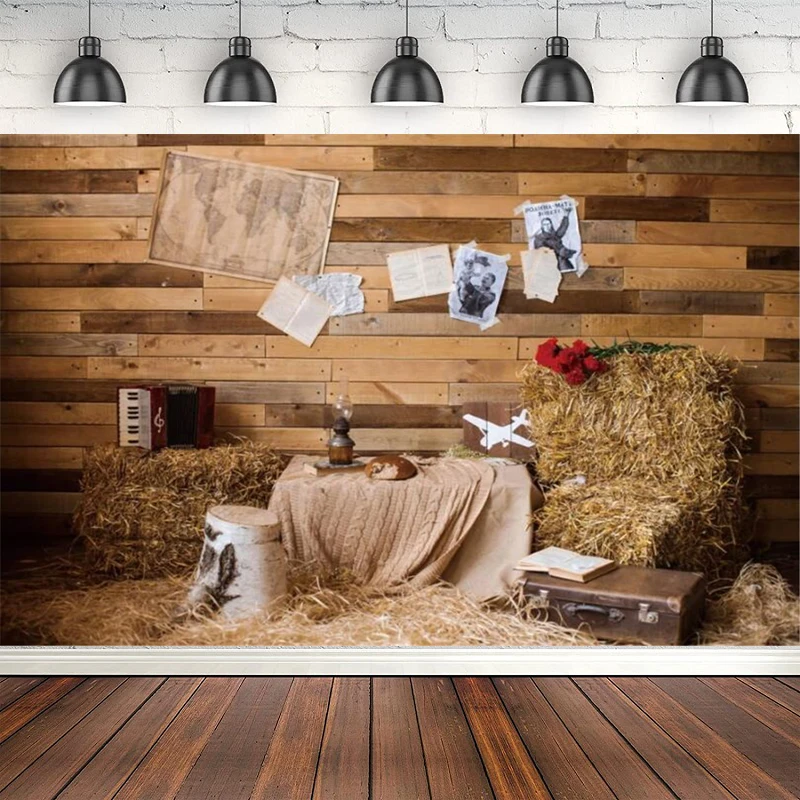 Photography Backdrop Autumn Grunge Wooden Warehouse Wall Haystack Suitcase Baby Portrait Poster Background Photo Studio Banner