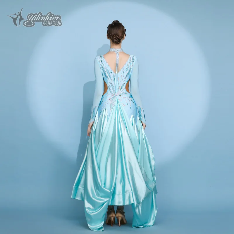 New Style Women Adult Long Dance Wear Blue Trim Fit V-Neck Costumes custom Ballroom Dancing Dress