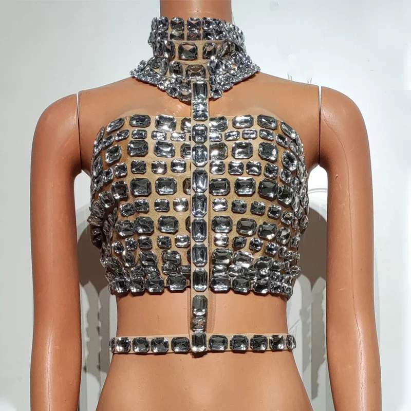 Volledige Grote Steentjes Top Sexy Uitsparing Jazz Tops Vrouwen Pole Dance Outfit Zanger Dj DS Gogo Dans Kostuums Stadium Solo Wear XS7538