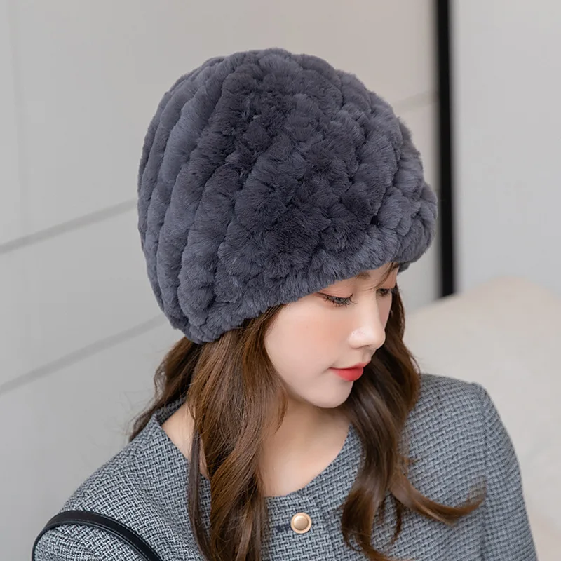 Knitted Good Elastic 100% Natural Rex Rabbit Fur Beanies Hats Lady Winter Warm Real Rex Rabbit Fur Cap Knit Striped Real Fur Hat image 4