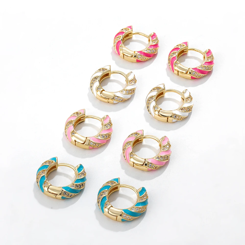 Vintage Colorful Enamel Spiral Stripes Cubic Zirconia Huggies Earrings for Women Twisted CZ Crystal Round Circles Ear Buckles